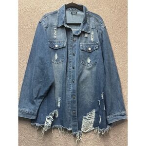 Oversized Distressed Denim Jacket‎ Women 5XL Grunge Raw Hem Blue